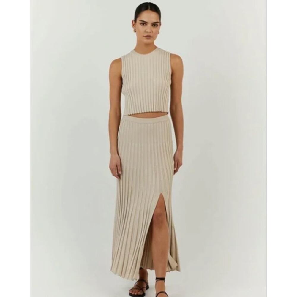 Dissh Ada Pleated Rib Knit Midi Maxi Skirt Slit Stone Size Small - Picture 4 of 8